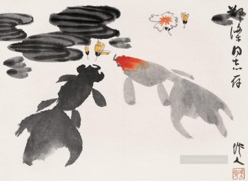 Wu Zuoren Painting - Wu zuoren goldfish and flowers old China ink